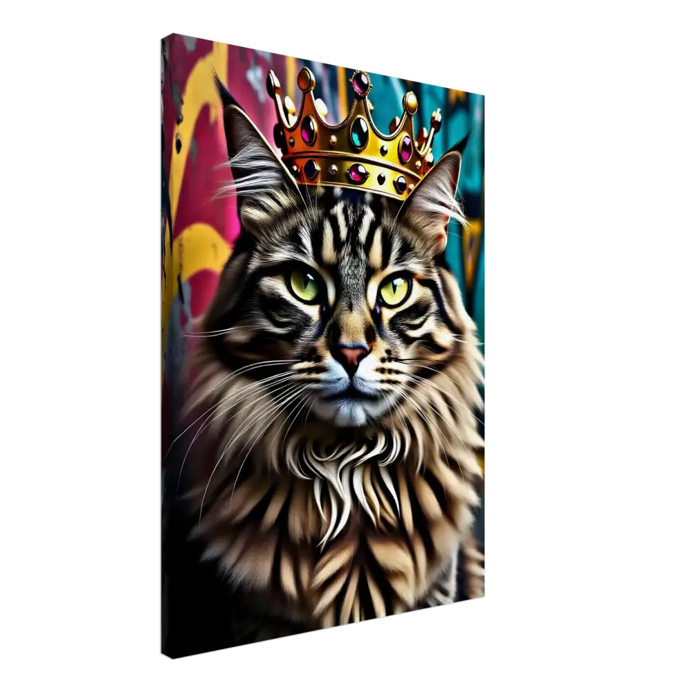 Regal cat wearing a crown featured in Canvas Crown Meowjesty PixiOnyx Graffiti Art
