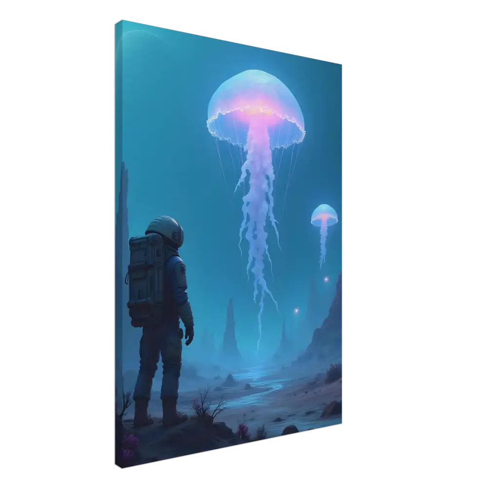 Astronaut gazing at glowing bioluminescent jellyfish in deep ocean scene on Canvas PixiOnyx