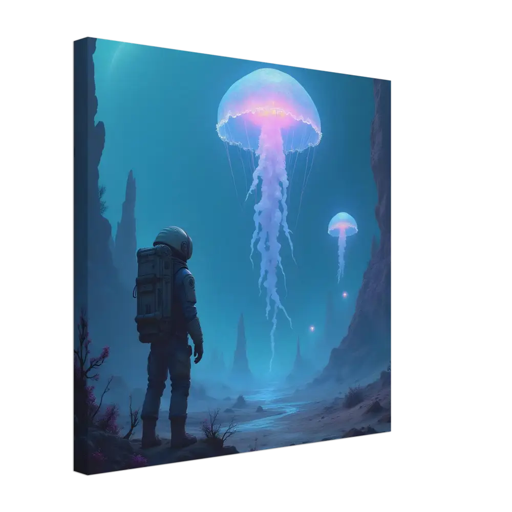 Canvas print of an astronaut and bioluminescent jellyfish scene for wall decor