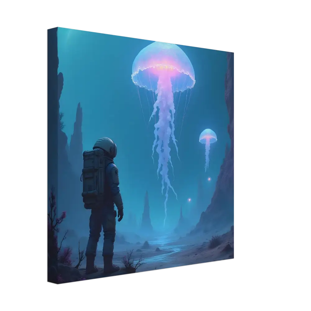 Astronaut observing bioluminescent jellyfish scene on Canvas Deep Drift Encounter PixiOnyx