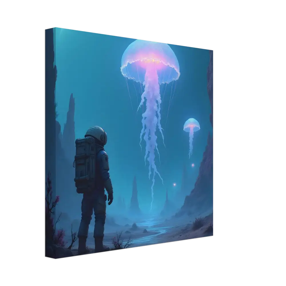 Astronaut gazing at bioluminescent jellyfish scene from Canvas Deep Drift Encounter PixiOnyx