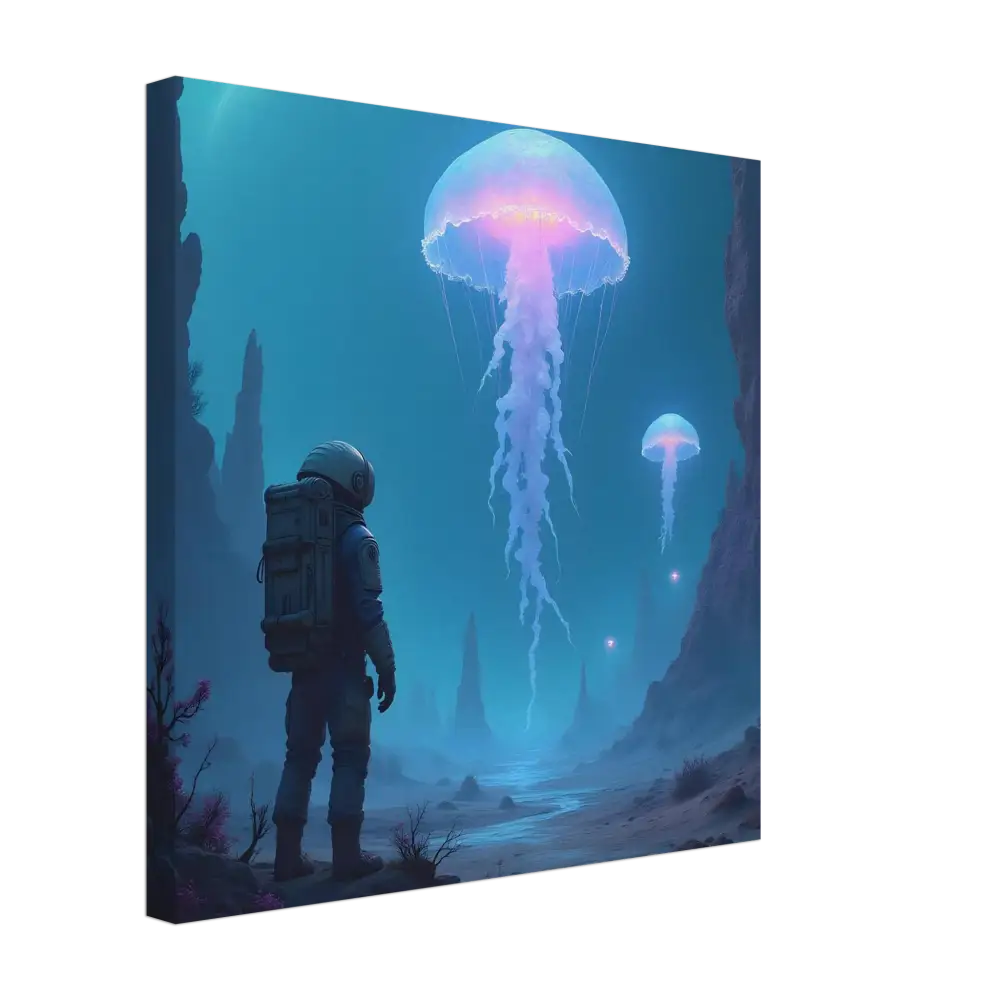 Astronaut observing glowing bioluminescent jellyfish in deep ocean scene on Canvas – Deep Drift Encounter | PixiOnyx