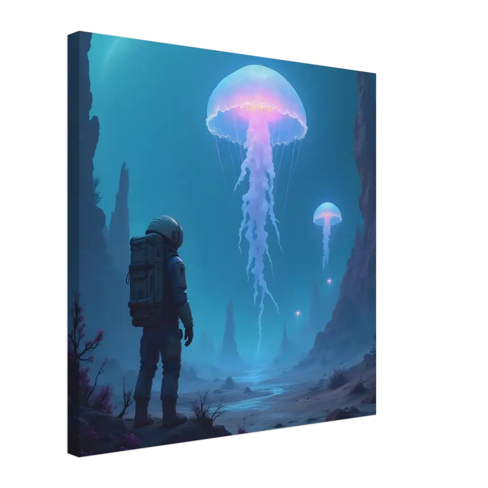 Canvas print of astronaut and jellyfish scene from Deep Drift Encounter by PixiOnyx