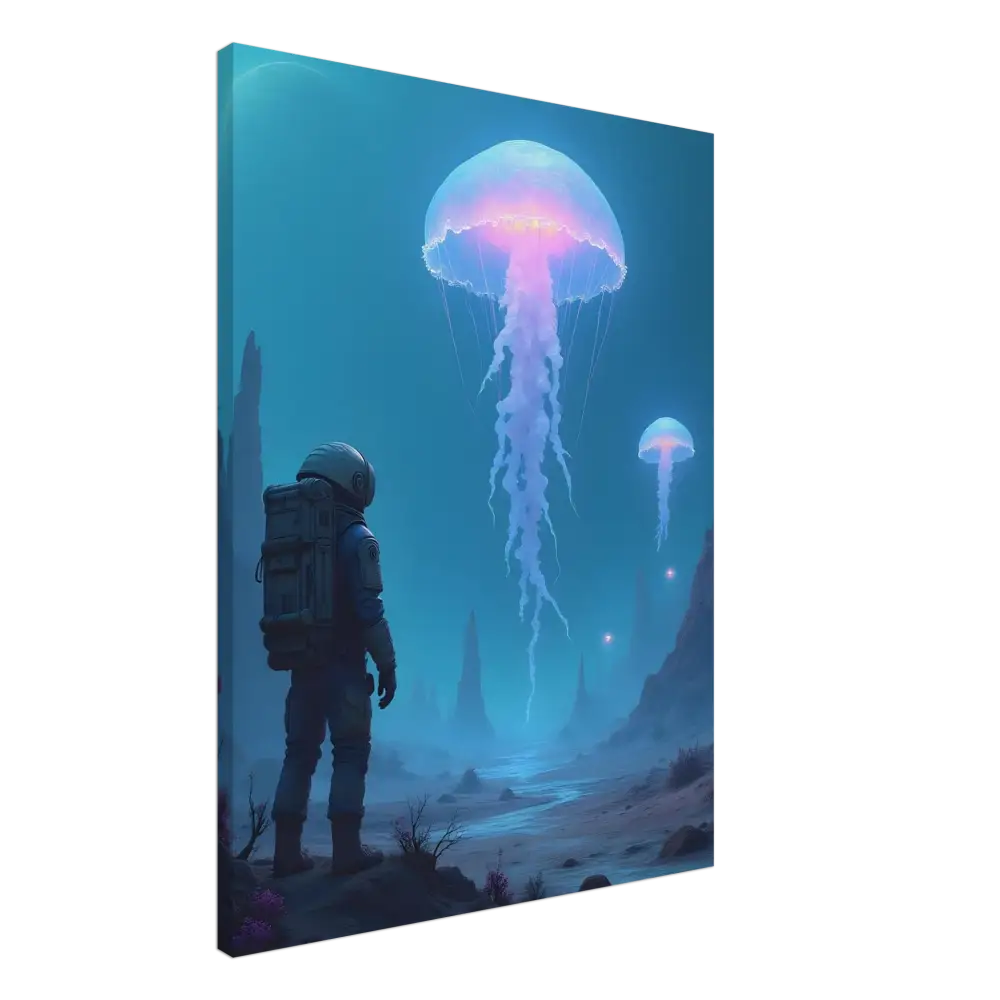 Canvas print of astronaut and bioluminescent jellyfish scene for cosmic ocean decor