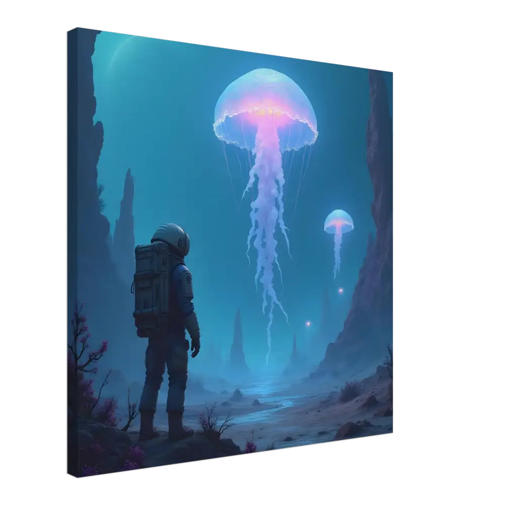 Canvas print of an astronaut and bioluminescent jellyfish scene from PixiOnyx Deep Drift Encounter