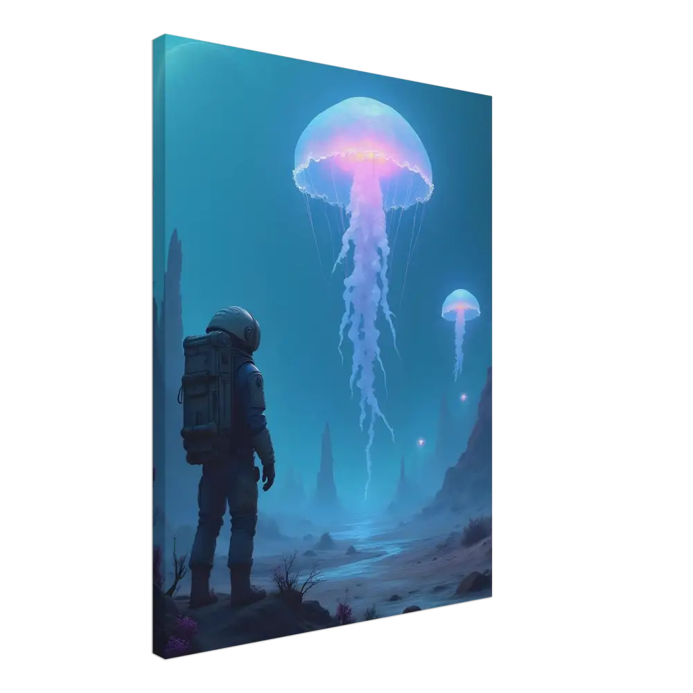 Canvas print of an astronaut and bioluminescent jellyfish scene for space and marine art enthusiasts