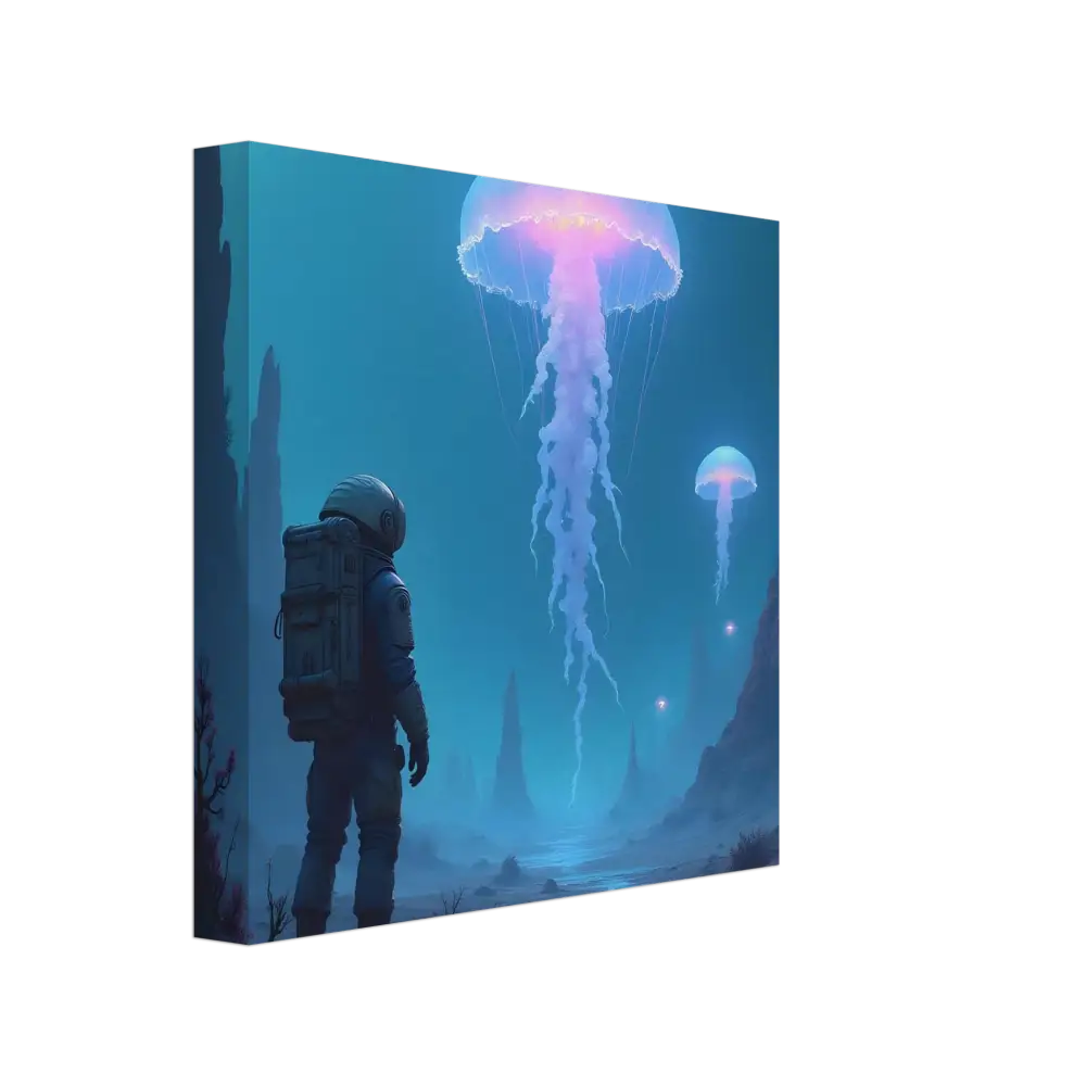 Canvas print of an astronaut and bioluminescent jellyfish scene for PixiOnyx Deep Drift Encounter