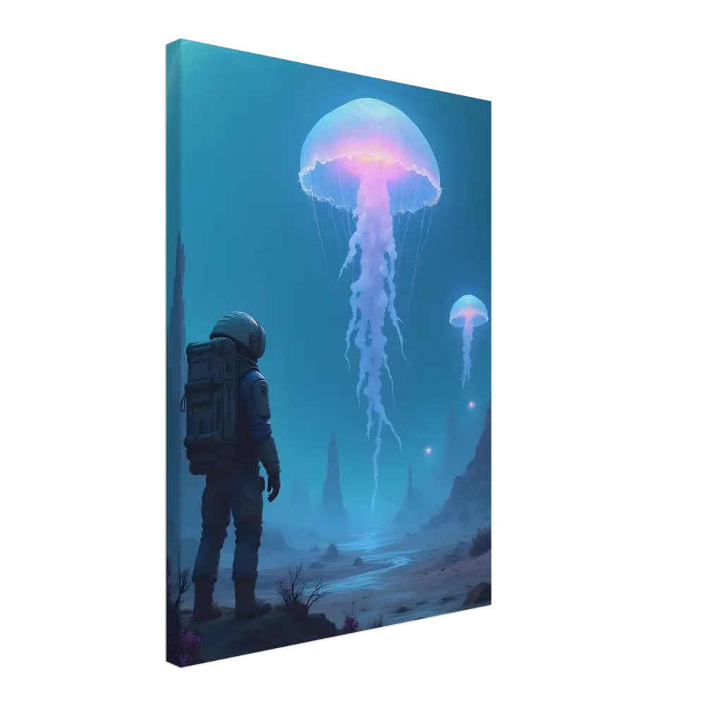 Astronaut observing Bioluminescent Jellyfish on an alien planet in Canvas Deep Drift Encounter scene
