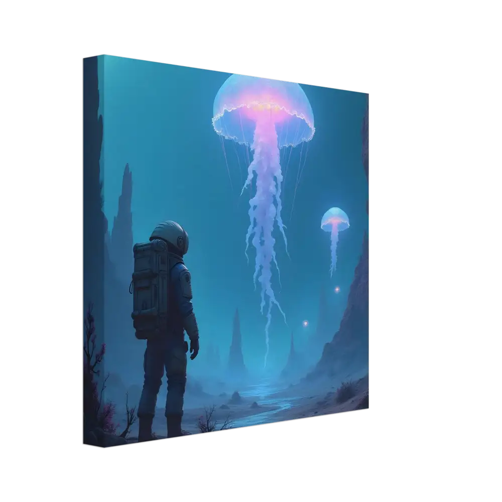 Canvas print of astronaut and bioluminescent jellyfish scene for Deep Drift Encounter by PixiOnyx