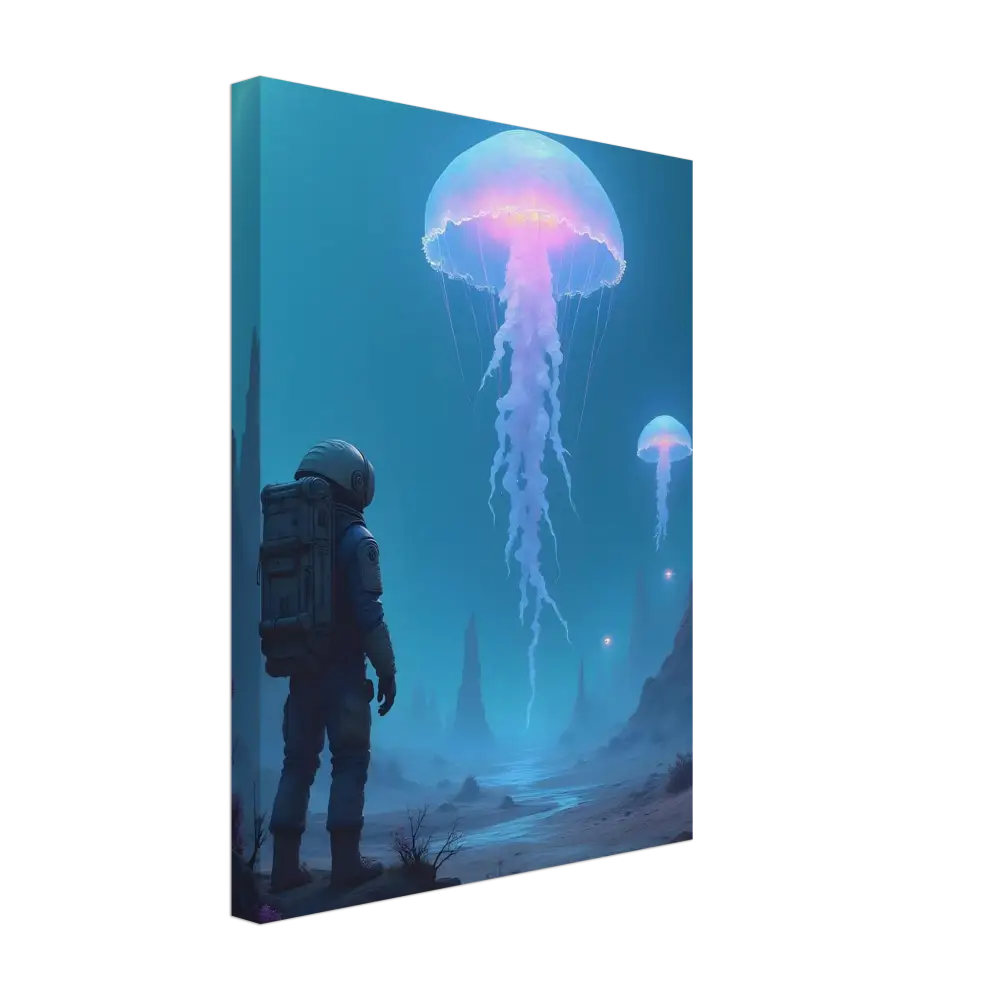 Canvas print of an astronaut and bioluminescent jellyfish scene for Deep Drift Encounter PixiOnyx