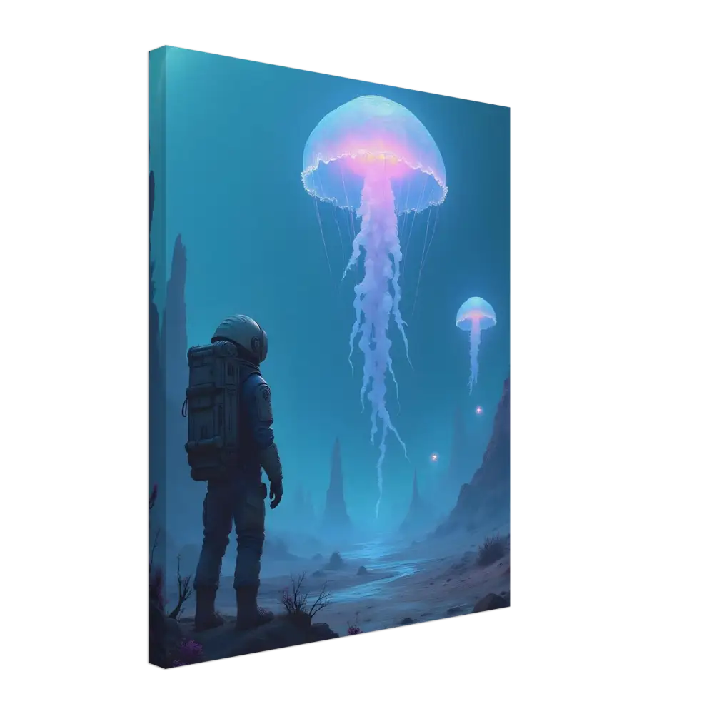 Canvas print of an astronaut and jellyfish scene from Deep Drift Encounter by PixiOnyx
