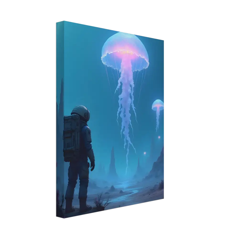 Astronaut gazing at glowing bioluminescent jellyfish in a Deep Drift Encounter scene