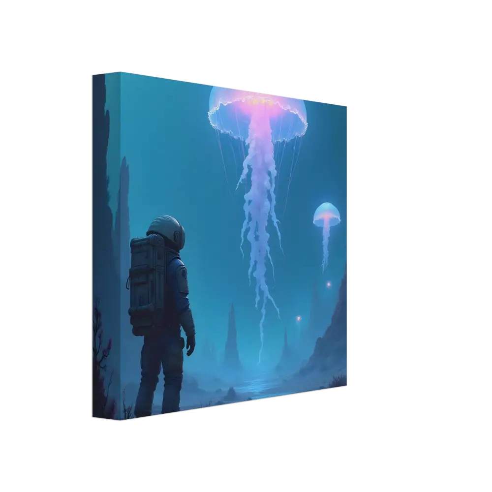 Canvas print of an astronaut and bioluminescent jellyfish scene for deep sea and space decor