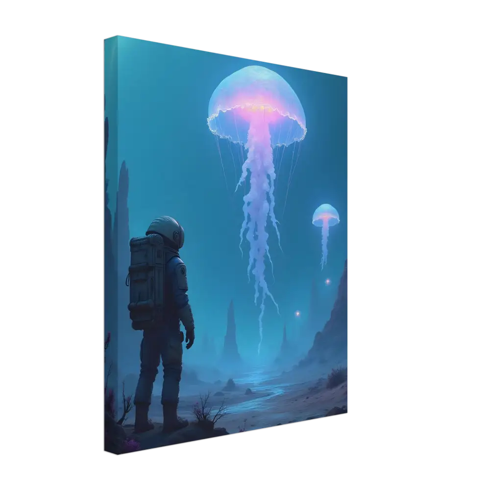 Canvas print of an astronaut and bioluminescent jellyfish scene for Deep Drift Encounter product