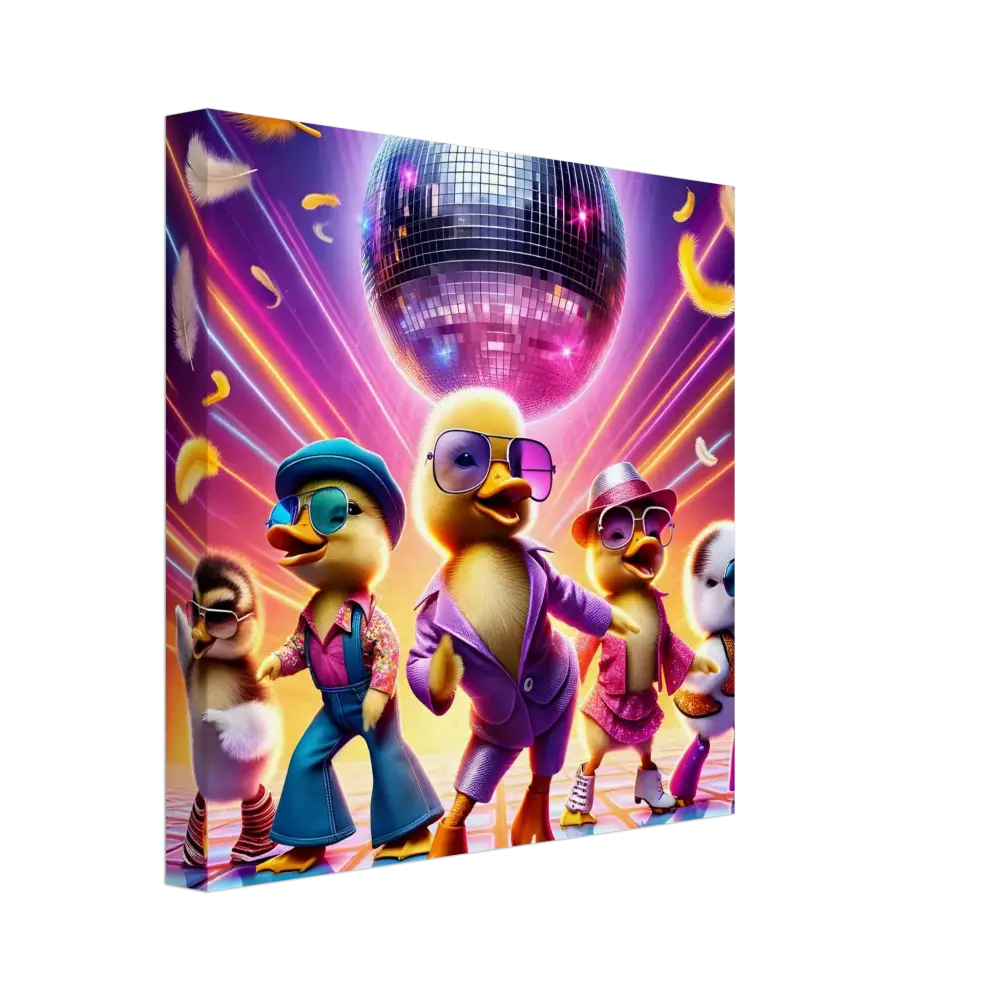 Disco dancing ducklings with a mirror ball on PixiOnyx Retro Absurdist Display
