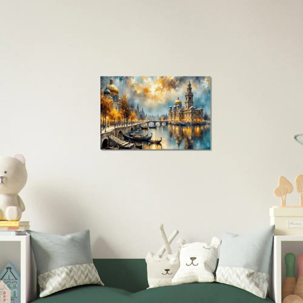 Watercolor European canal cityscape transcends reality with glowing illuminated buildings