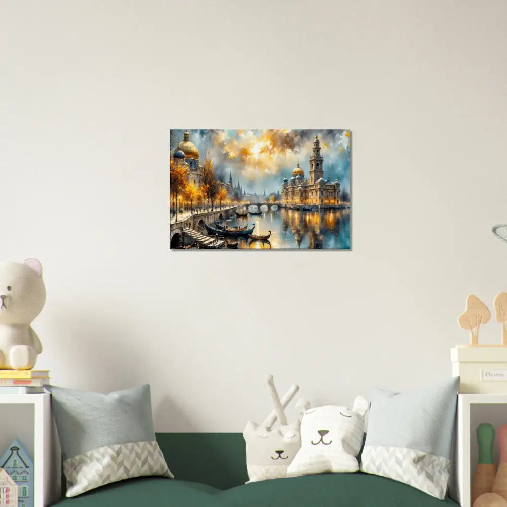 Vibrant cityscape transcends reality with golden domes and gondolas on a river in imagined elegance printed Canvas – Echoes of Gold and Sky | PixiOnyx Luxe Wall Display