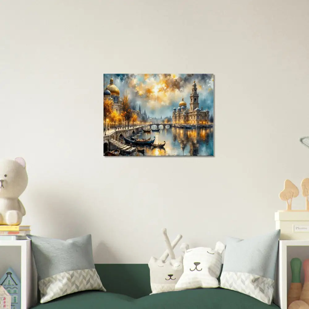 Watercolor European cityscape at dusk with glowing bridges and illuminated buildings for Canvas – Echoes of Gold and Sky