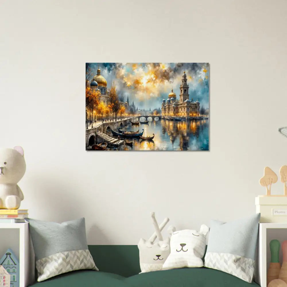 Vibrant watercolor of European city at dusk with canal, gondolas, glowing cityscape transcends reality