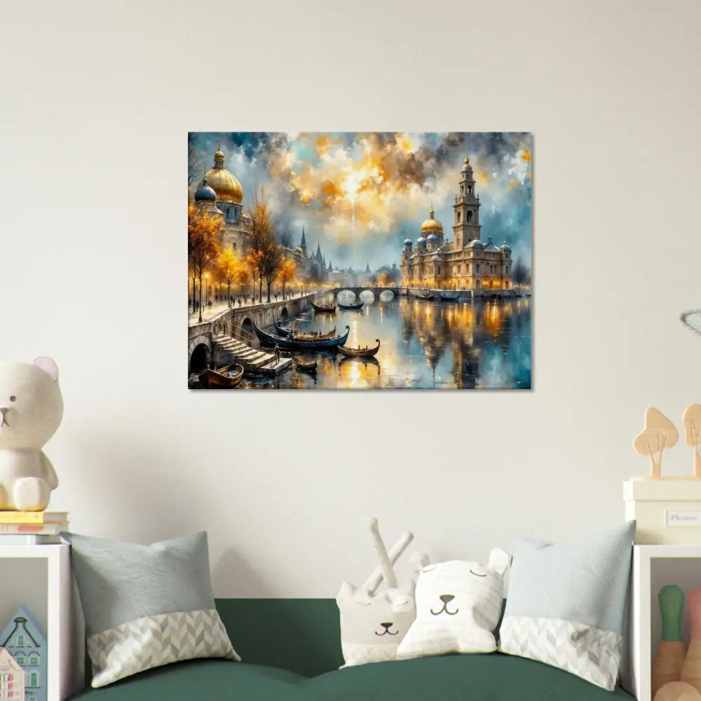 Vibrant European cityscape transcends reality with glowing buildings and boats on canal artwork