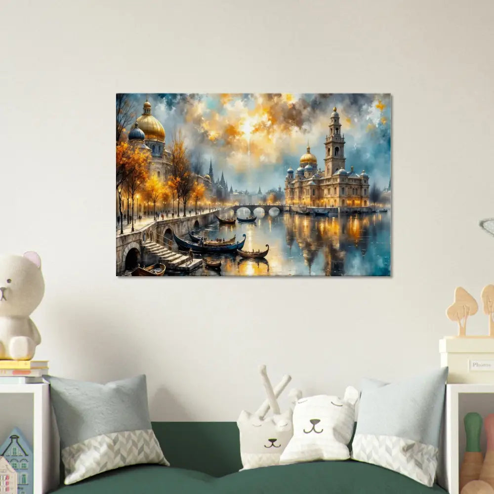 Canvas Echoes of Gold and Sky features a glowing cityscape transcends reality at sunset