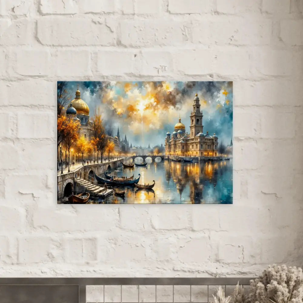 Vibrant glowing cityscape transcends reality with river bridges boats buildings under dramatic sky