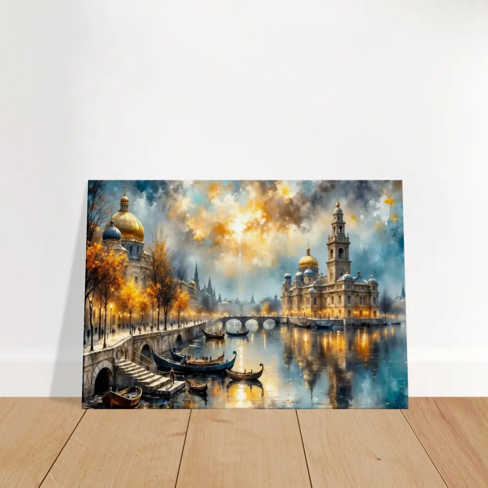 Vibrant cityscape transcends reality with glowing river, bridges, and golden domes on canvas
