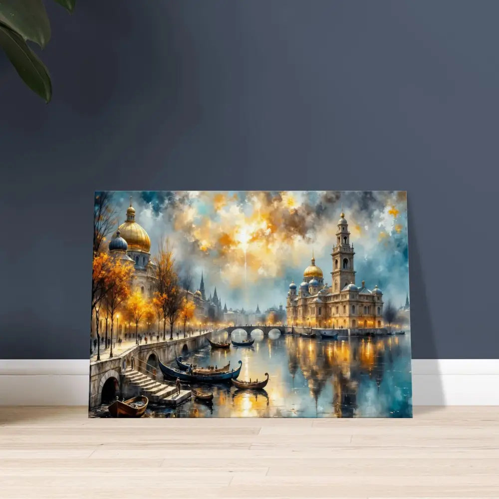 Vibrant European cityscape transcends reality with glowing river, bridges, boats, and golden domes
