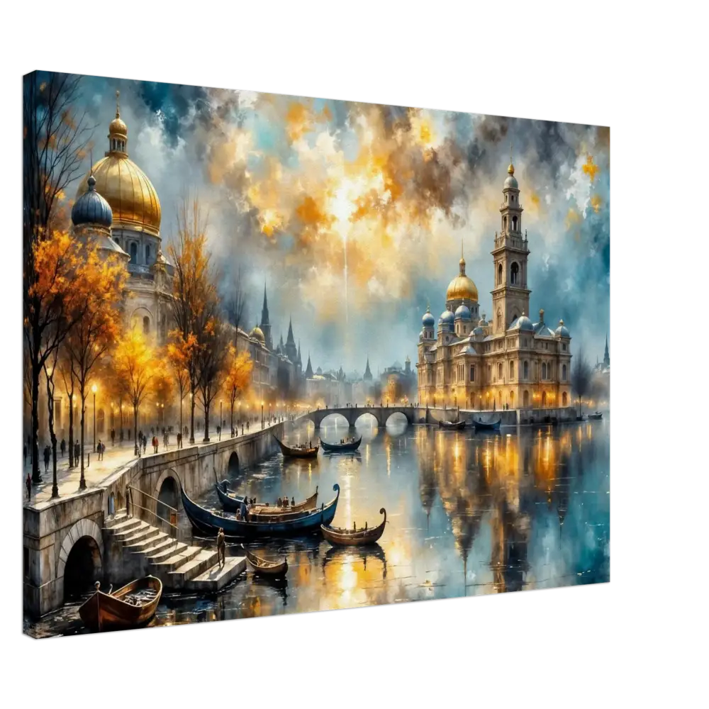 Vibrant cityscape transcends reality with golden domes, boats, and colorful sky on Canvas – Echoes of Gold and Sky