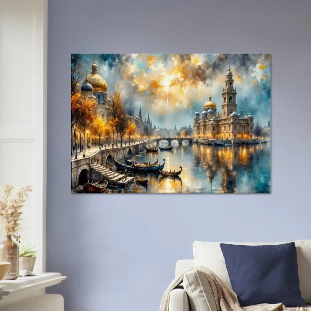 Impressionistic European cityscape transcends reality with glowing sunset and golden domes printed on Canvas Echoes of Gold and Sky | PixiOnyx Luxe Wall Display