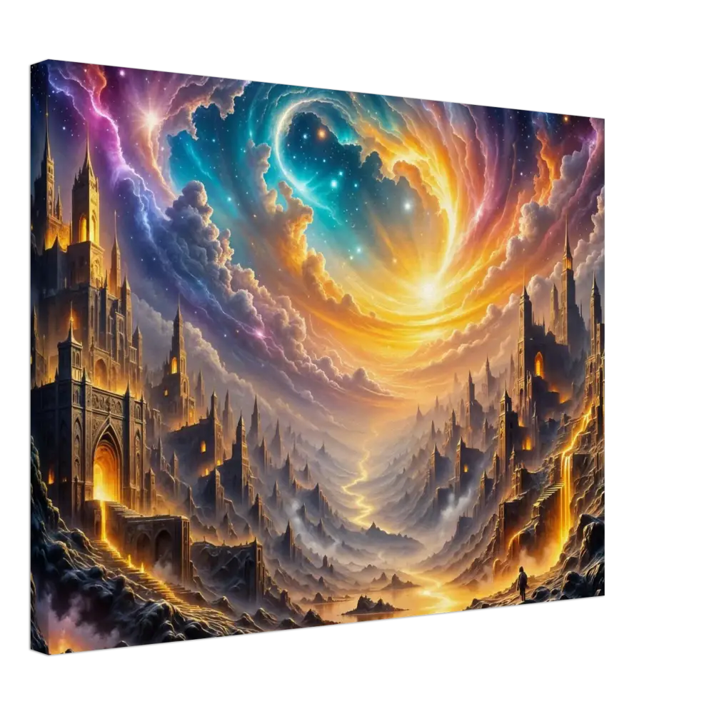 Vibrant fantasy cityscape with eclipsed citadel and sweeping vortex sky painting