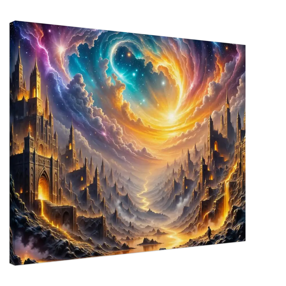 Vibrant fantasy landscape with towering castles and swirling sweeping vortex sky at Eclipsed Citadel