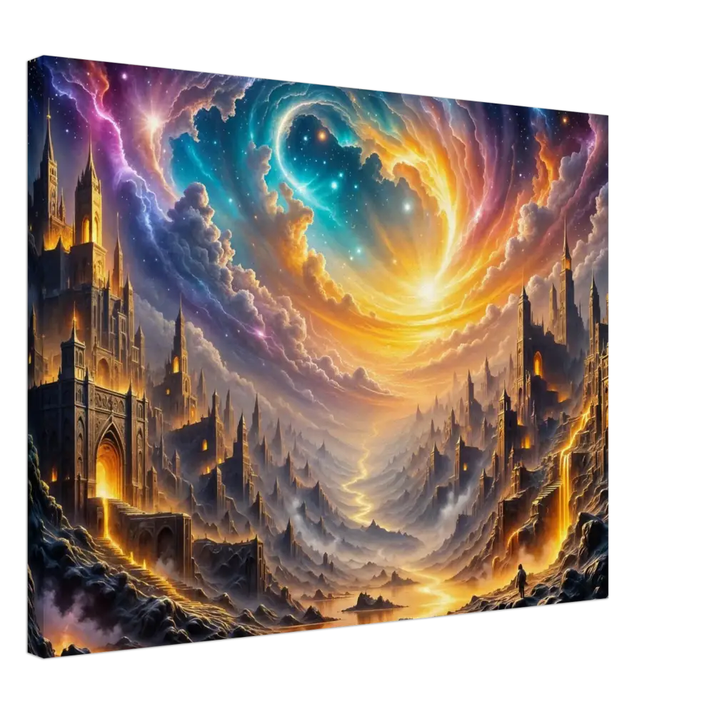 Vibrant fantasy landscape painting of Eclipsed Citadel with sweeping vortex sky and fantasy city feel