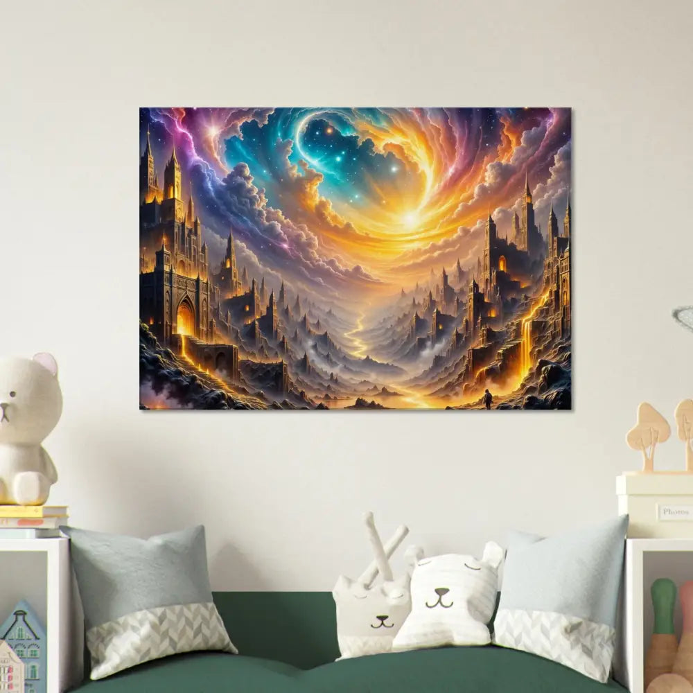 Vibrant fantasy city feel with eclipsed citadel and sweeping vortex sky painting