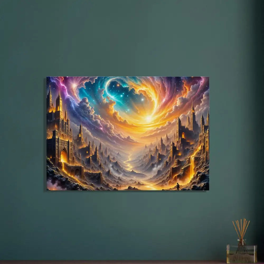 Vibrant fantasy landscape with eclipsed citadel, sweeping vortex sky, and illuminated castles