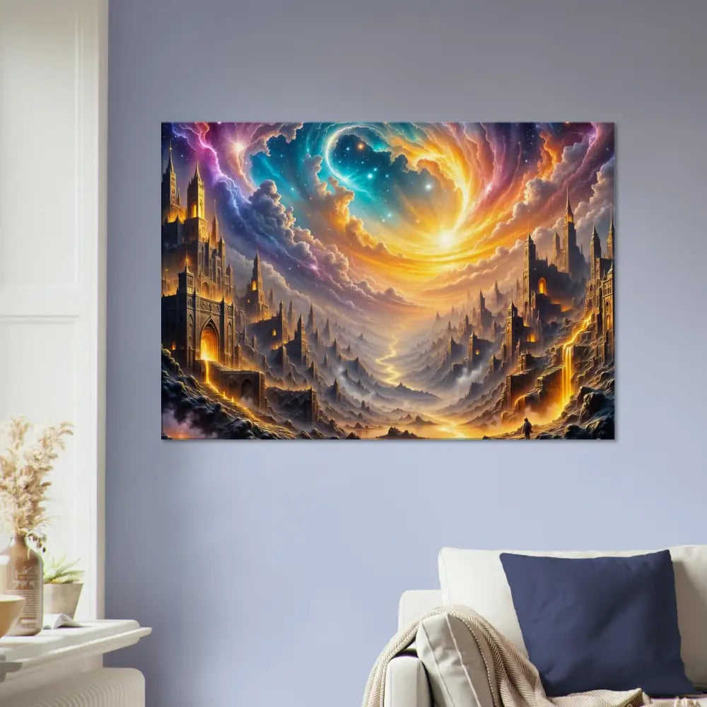Vibrant canvas print of Eclipsed Citadel with a sweeping vortex sky and fantasy city feel