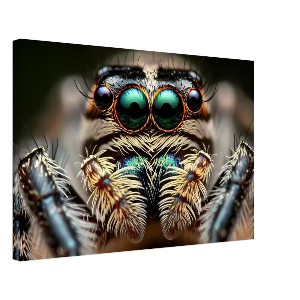 Close-up of a jumping spider’s face highlighting intricate eyes for Canvas Eight-Eyed Watcher PixiOnyx Nature Obscura