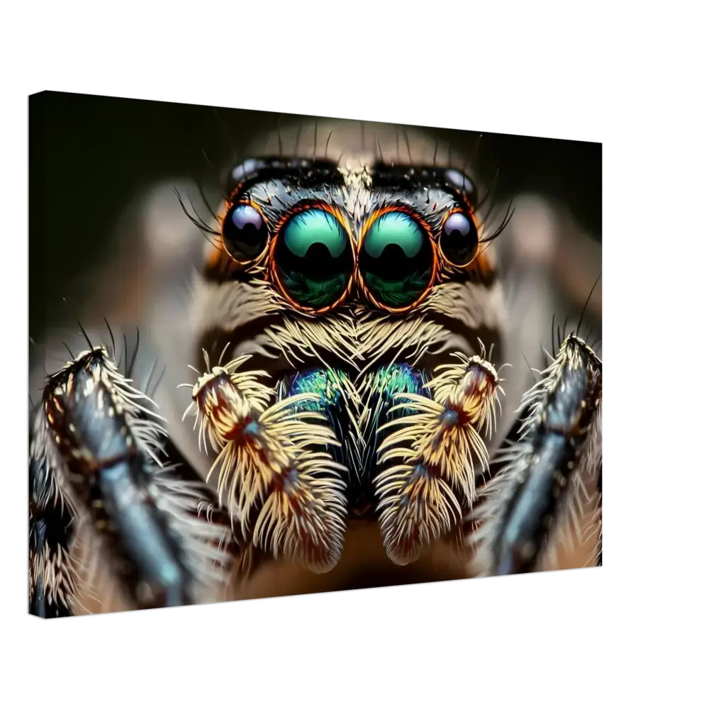 Close-up of a jumping spider’s face with iridescent eyes for Canvas Eight-Eyed Watcher PixiOnyx Nature Obscura