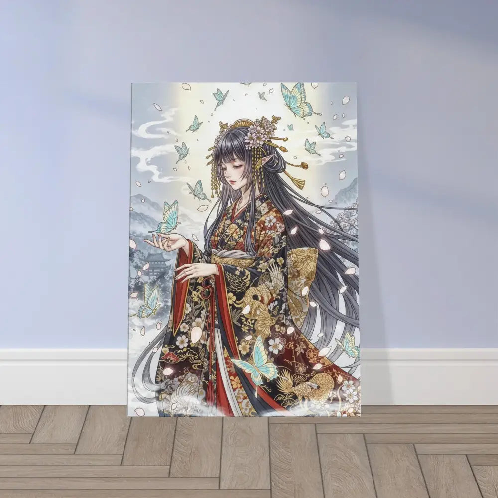 Anime-style wall art of a woman in kimono with butterflies on hand-stretched poly-cotton blend canvas with solid wood frame