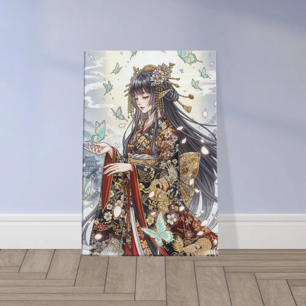 Anime-style canvas print of woman in kimono with butterflies on hand-stretched poly-cotton blend canvas with solid wood frame