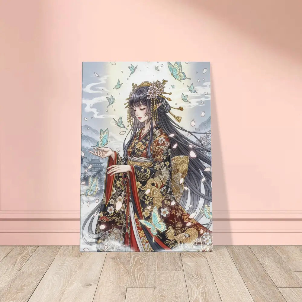 Anime-style canvas print of a woman in a kimono with butterflies on hand-stretched poly-cotton blend canvas with solid wood frame