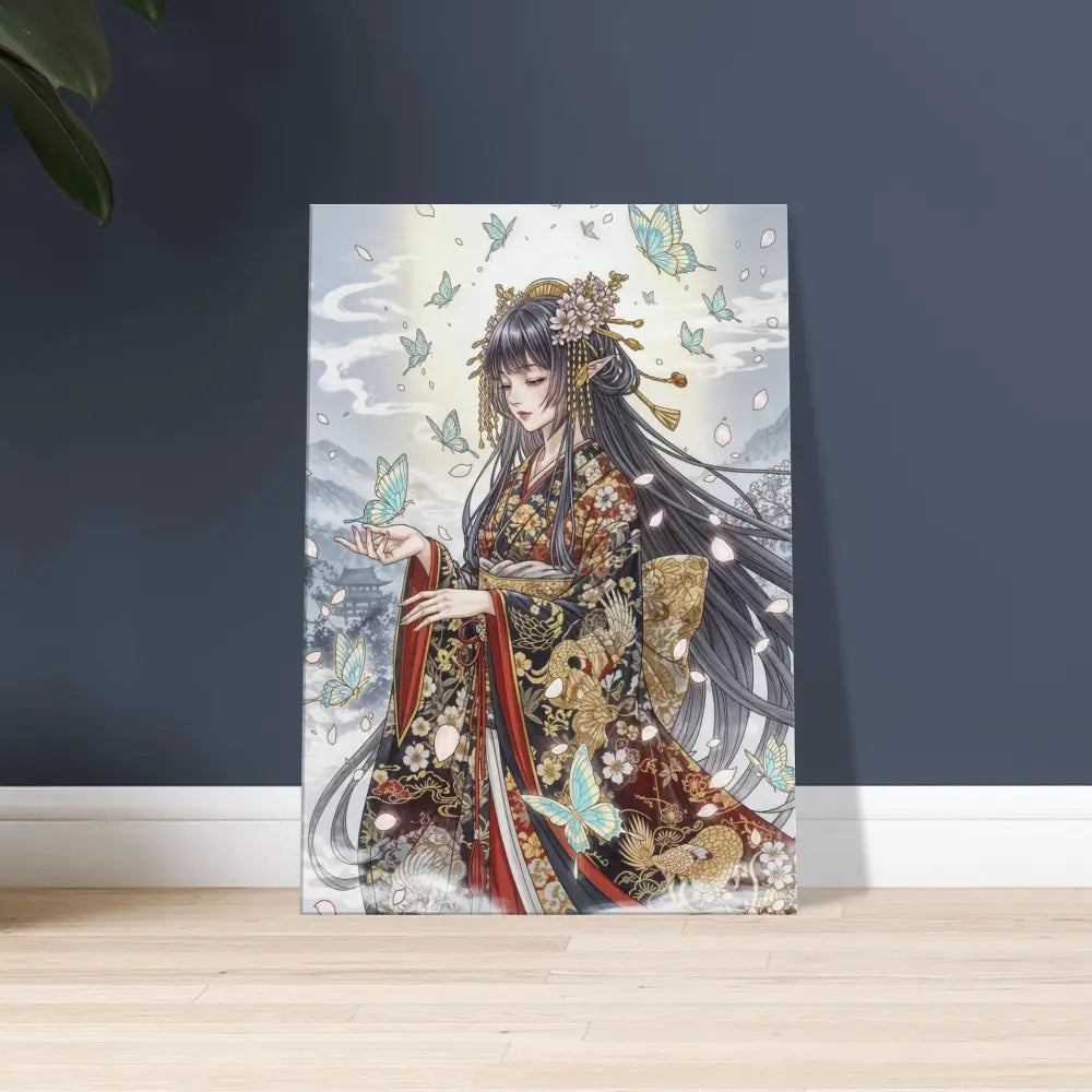 Anime-style canvas art print of a woman in a kimono with butterflies on hand-stretched poly-cotton blend canvas with solid wood frame