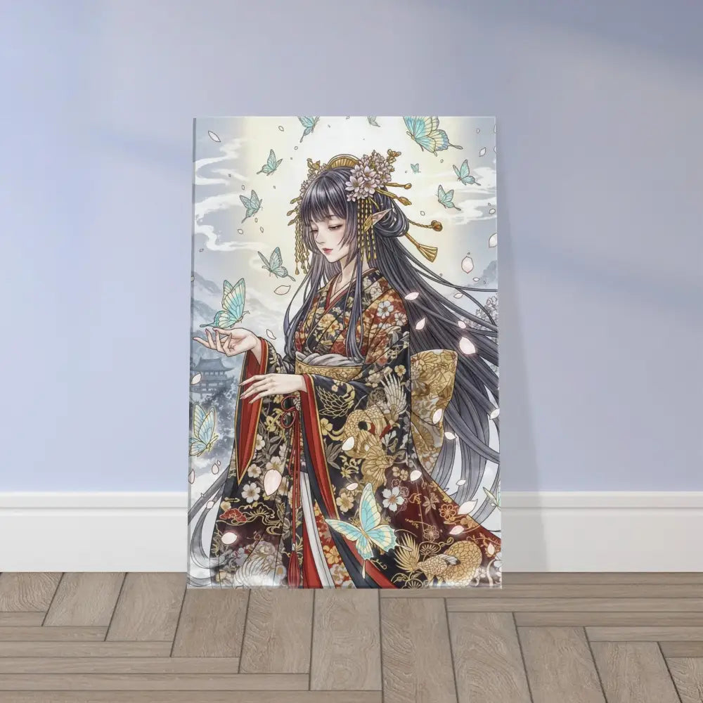 Colorful anime-style canvas print of a woman in kimono with butterflies on hand-stretched poly-cotton blend canvas with solid wood frame