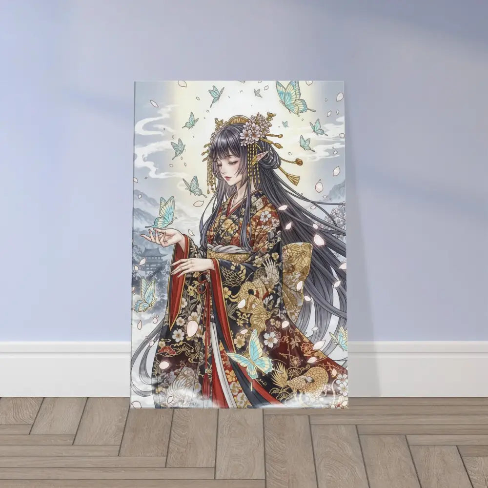 Framed canvas print of Japanese woman in kimono with butterflies on hand-stretched poly-cotton blend canvas with solid wood frame