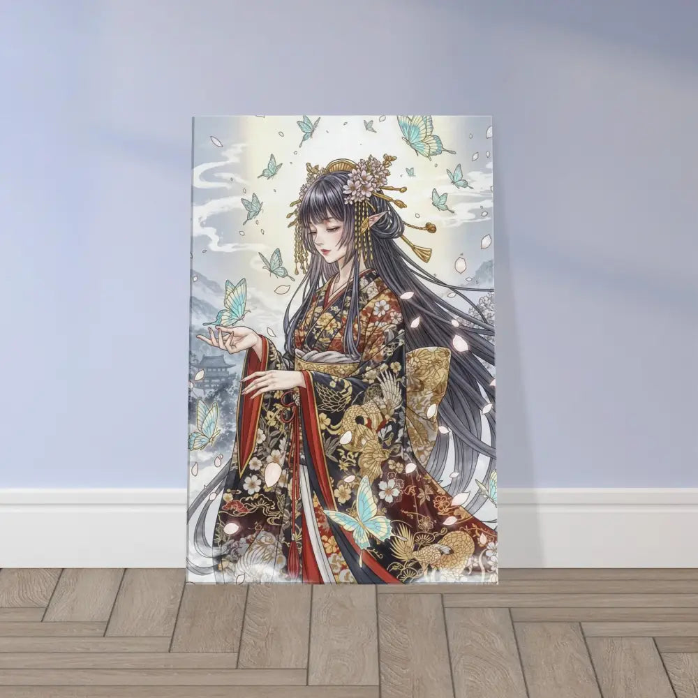 Anime-style canvas print of a woman in kimono with butterflies on hand-stretched poly-cotton blend canvas with solid wood frame