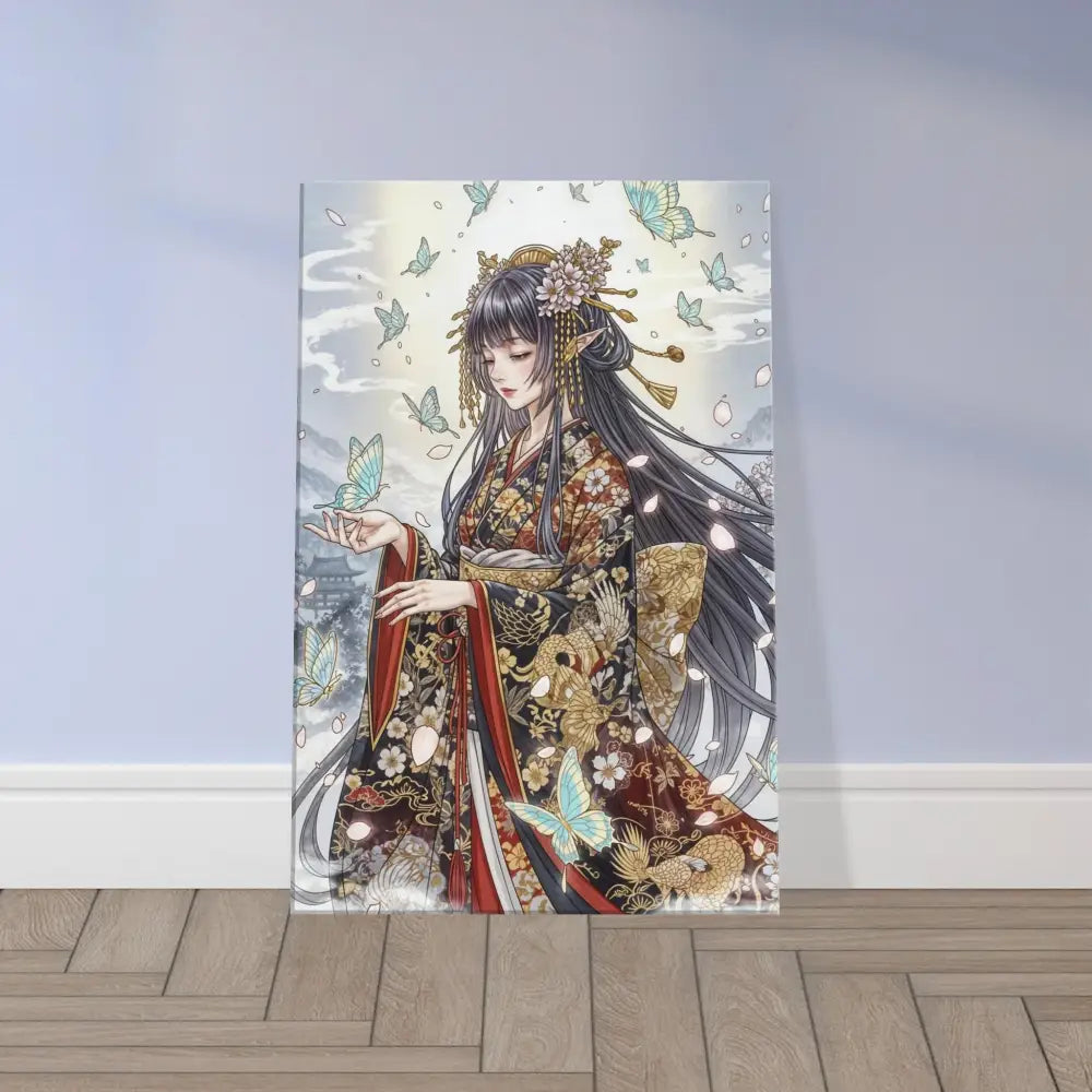 Anime-style canvas art print of a woman in kimono with butterflies on poly-cotton blend canvas