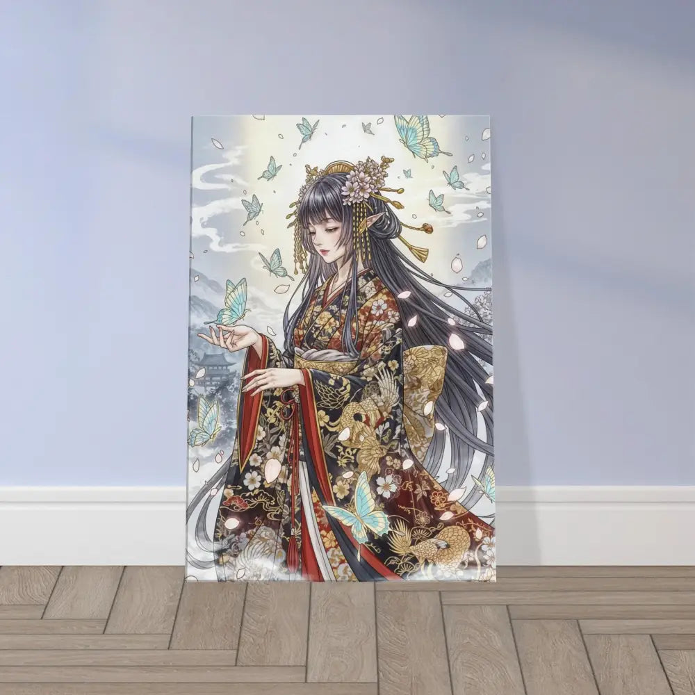 Anime-style canvas print of a woman in kimono with butterflies on hand-stretched poly-cotton blend canvas