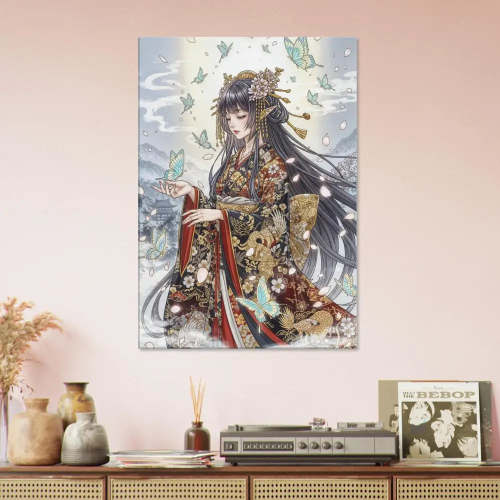 Anime-style poster of a woman in a kimono with butterflies on hand-stretched poly-cotton blend canvas with solid wood frame