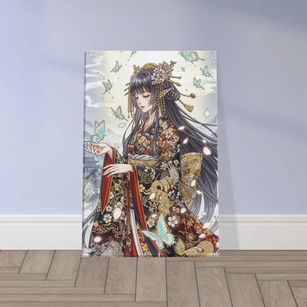 Anime-style canvas print of Japanese woman in kimono with butterflies on hand-stretched poly-cotton blend canvas with solid wood frame