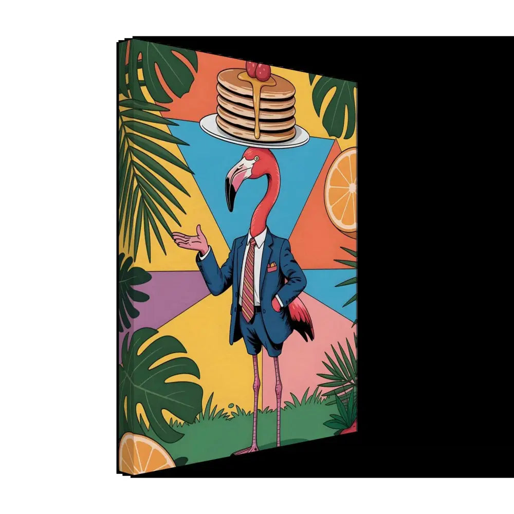 Vibrant Canvas Flamingo Waiter with jungle brunch hallucination featuring tropical leaves and citrus